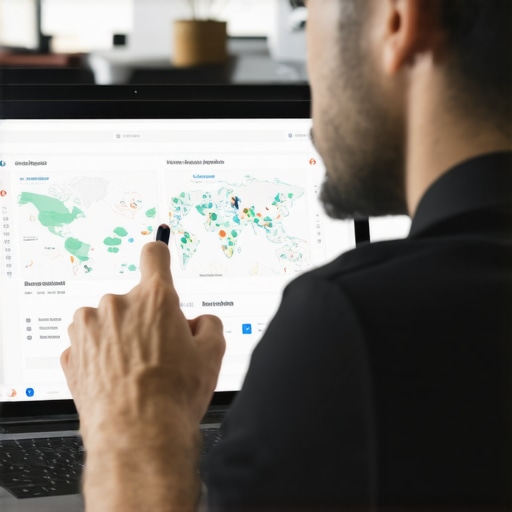 Business owner reviewing local SEO analytics on a computer screen showing maps and graphs